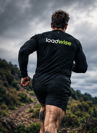 A runner seen from behind on a hillside trail, wearing a black top with the loadwise name on the back